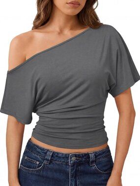 ✨Women Grey Off Shoulder Asymmetrical Short Sleeve Cinched Waist Crop Top